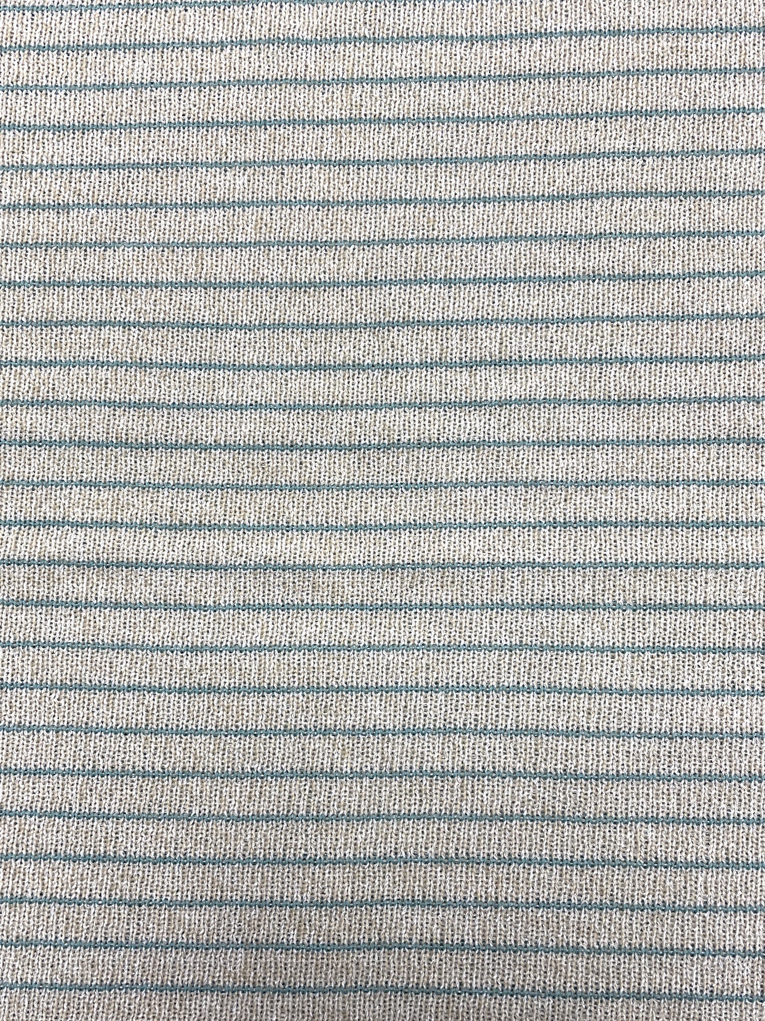 1 1/2 YD Polyester Knit Stripe - Heather Oatmeal with Aqua Stripe