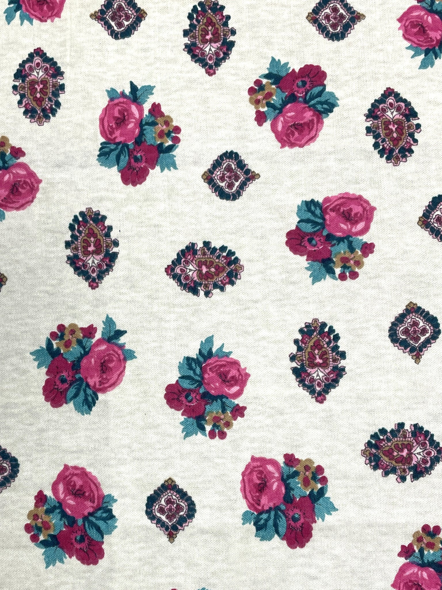 1 3/4 YD Poly/Cotton Jersey Knit Vintage - Off White with Pink Roses and Medallions