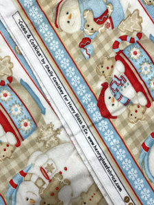 2 3/4 YD Cotton Flannel - Snowmen, Gingerbread and Cocoa in Stripes