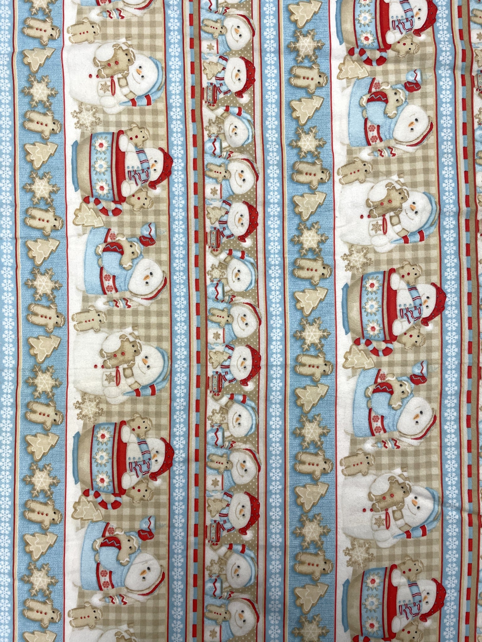 2 3/4 YD Cotton Flannel - Snowmen, Gingerbread and Cocoa in Stripes