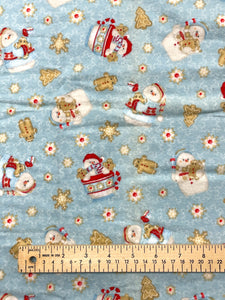 3/4 YD Cotton Flannel Remnant - Snowmen, Gingerbread and Cocoa on Light Blue