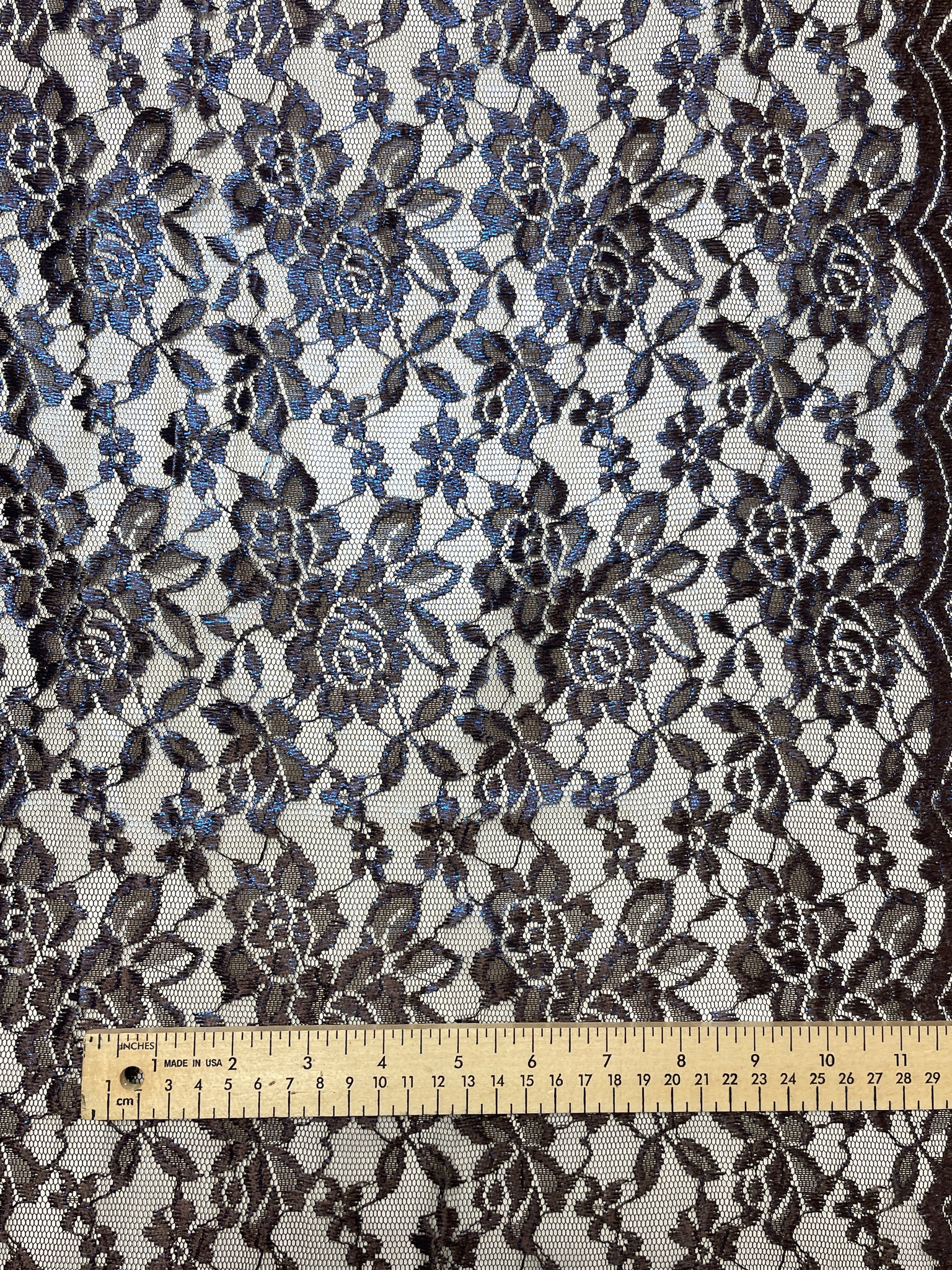 1 YD Polyester Iridescent Lace - Dark Gray with Metallic Blue