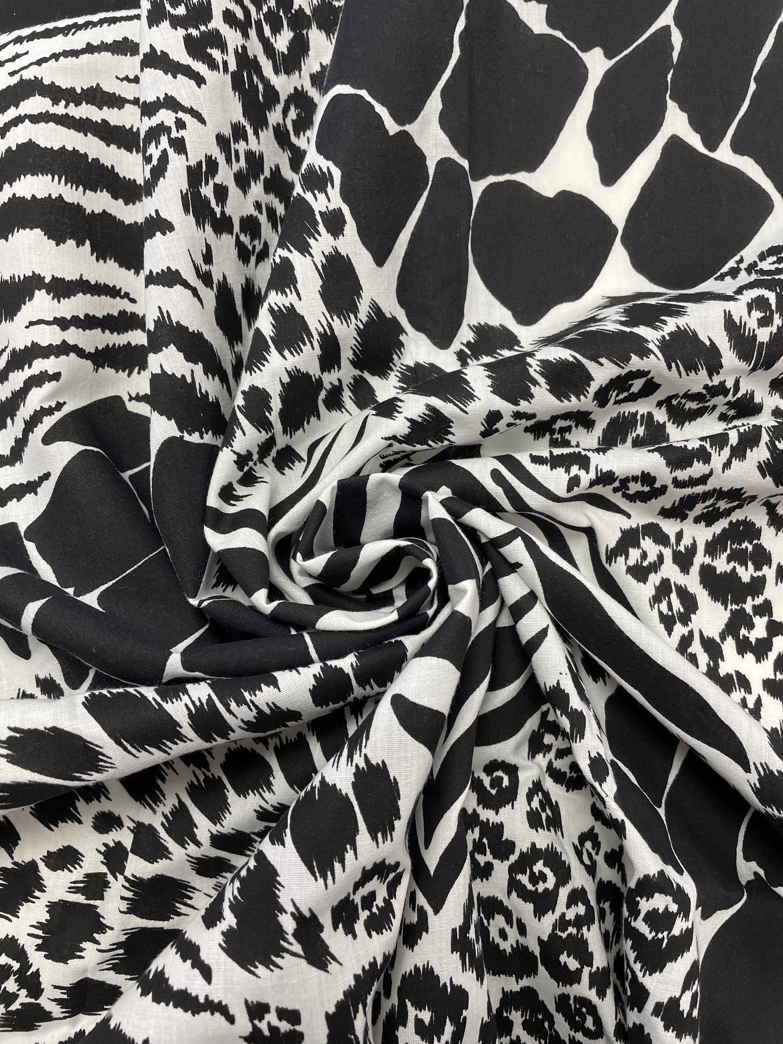 3 1/2 YD Poly/Cotton - Black and White Zebra, Leopard, Cheetah and Giraffe Print