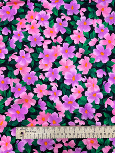 1 YD Cotton Knit Vintage - Pink and Purple Flowers on Black with Green Leaves