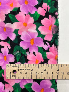 1 YD Cotton Knit Vintage - Pink and Purple Flowers on Black with Green Leaves