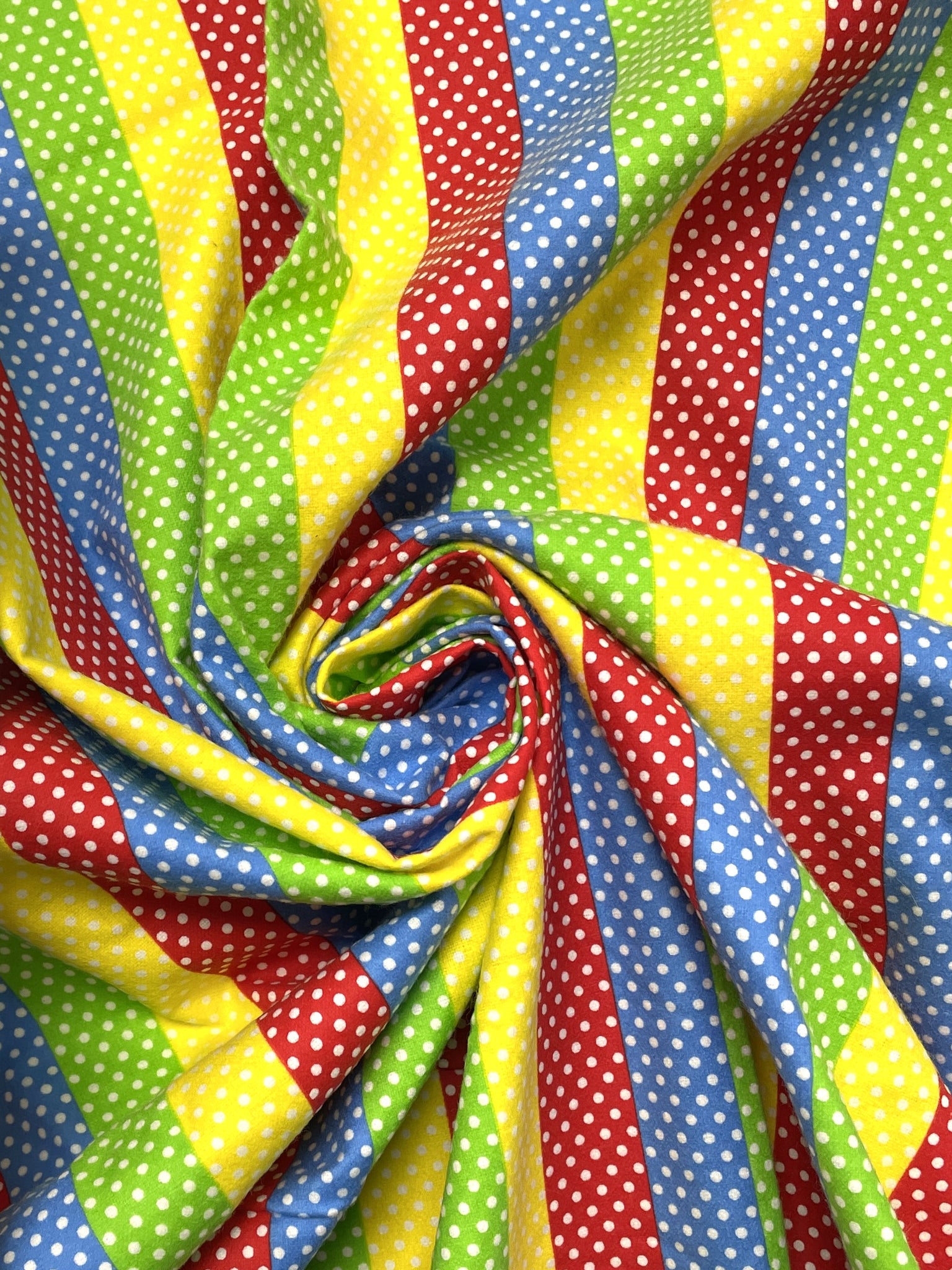 2007 2 7/8 YD Cotton Flannel - Bright Red, Yellow, Green and Blue Stripes with Polka Dots