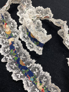 4 1/2 YD Ruffled Lace Trim - Off White Lace with Christmas Cherub Fabric Center