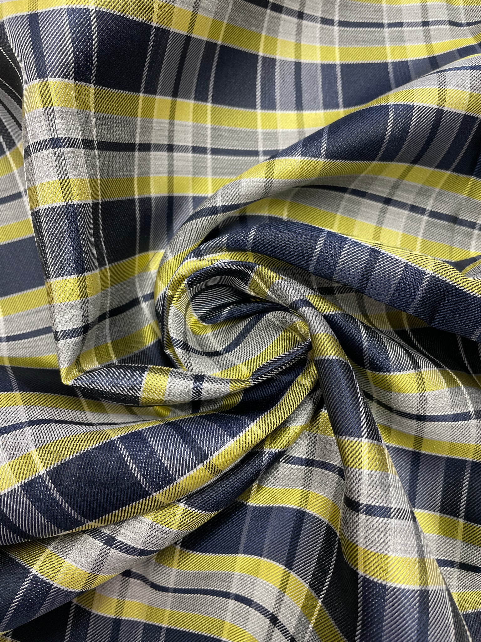 2 YD Silk Yarn-Dyed Plaid - Navy Blue, Yellow and Grays