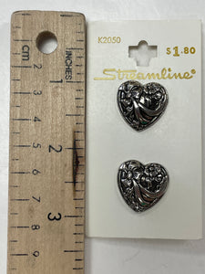 Buttons Shank Plastic 3/4" Set of 2 - Silver Hearts with Bows