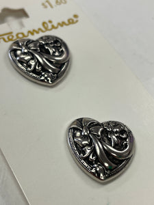 Buttons Shank Plastic 11/16" Set of 2 - Silver Hearts with Bows