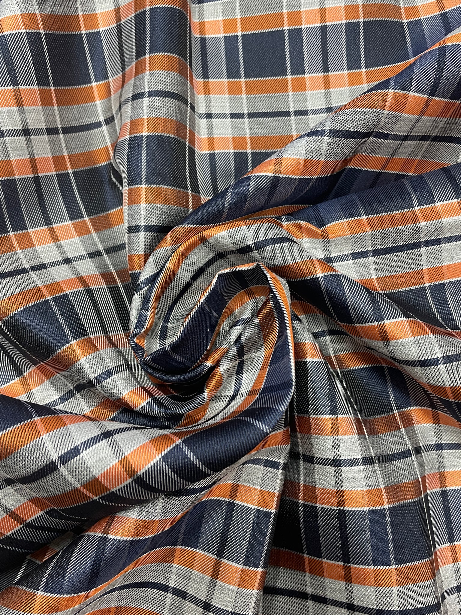 2 YD Silk Yarn-Dyed Plaid - Navy Blue, Orange and Grays