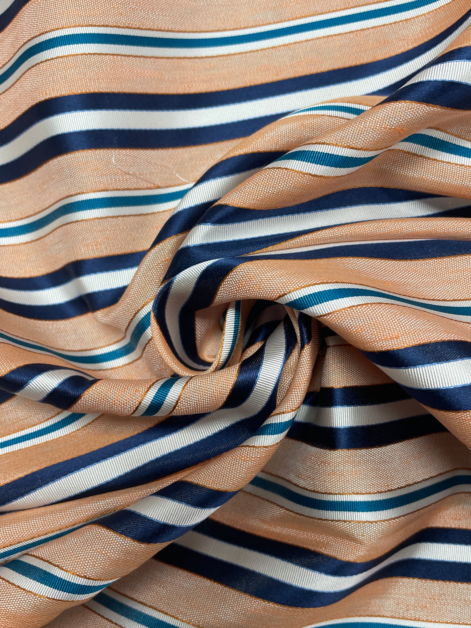 Silk Yarn-Dyed Satin and Ribbed Stripes- Peach, Navy Blue, Teal and White