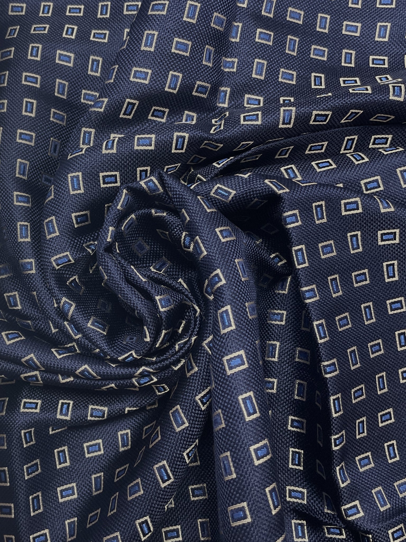 Silk - Navy Blue with Light Gray Rectangles with Blue Centers