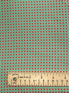 1 YD Silk Printed - Green with Red Polka Dots Outlined in White