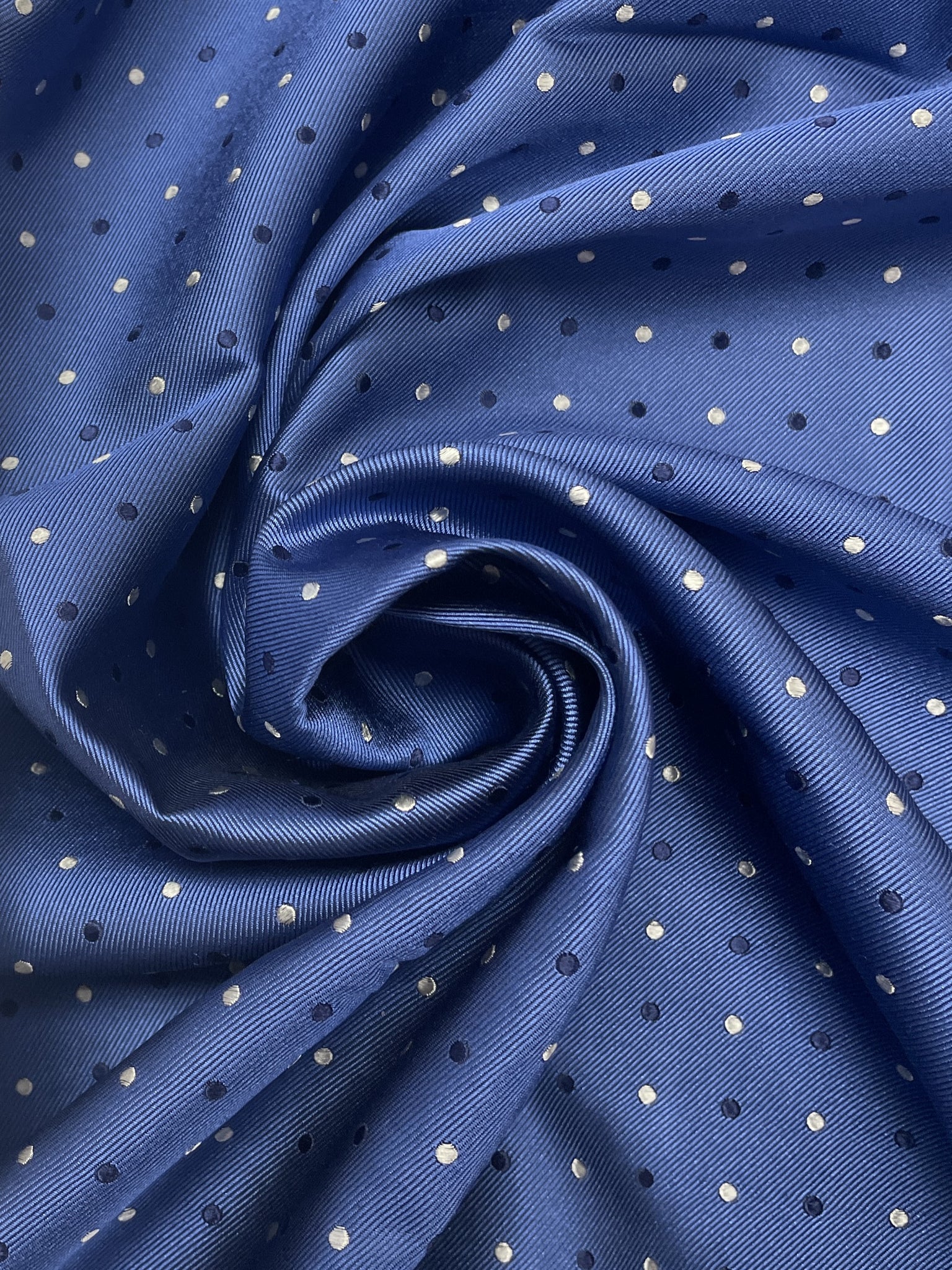 2 1/8 YD Silk - Blue with Navy Blue and Light Gray Polka Dots