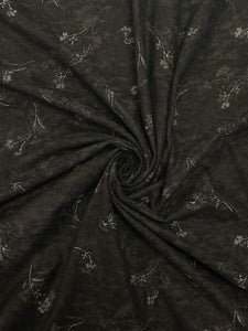 1 7/8 YD Polyester Faux Suede - Black with Light and Dark Gray  Flowers