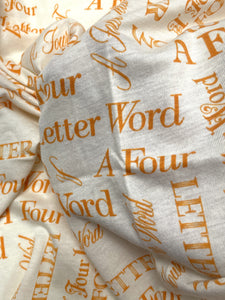 3 YD Poly/Cotton Knit - Off White with Tangerine Orange Lettering