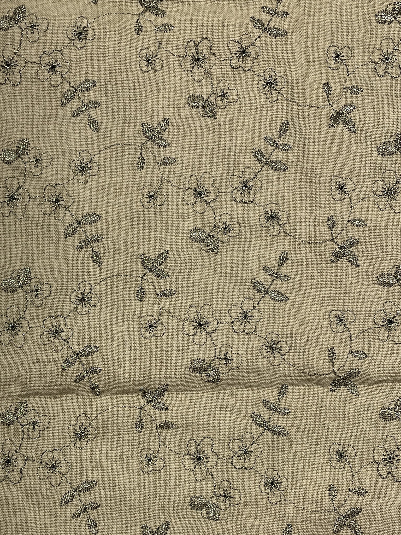 Rayon Blend Embroidered - Tan with Black and Metallic Flowers