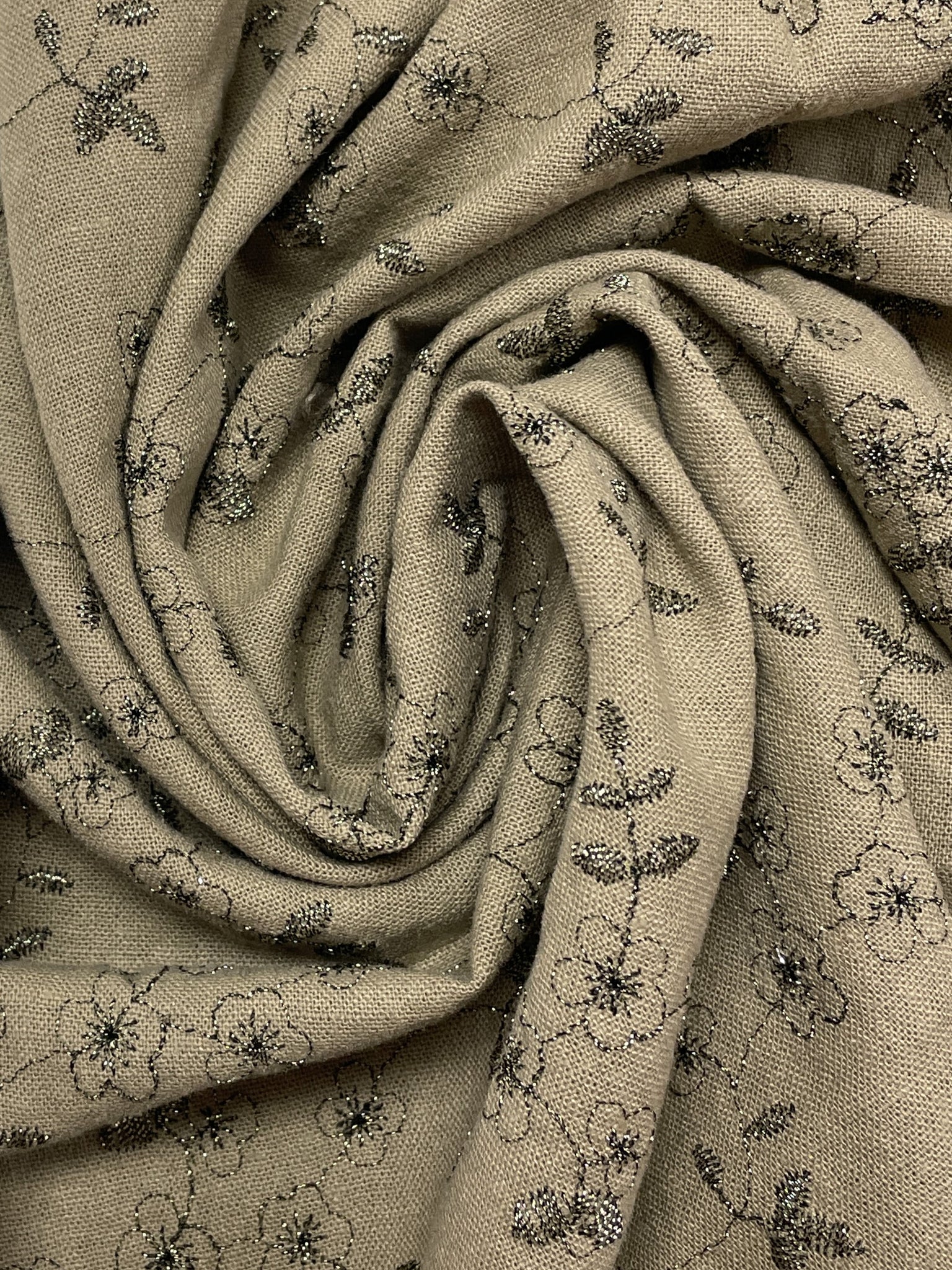 Rayon Blend Embroidered - Tan with Black and Metallic Flowers