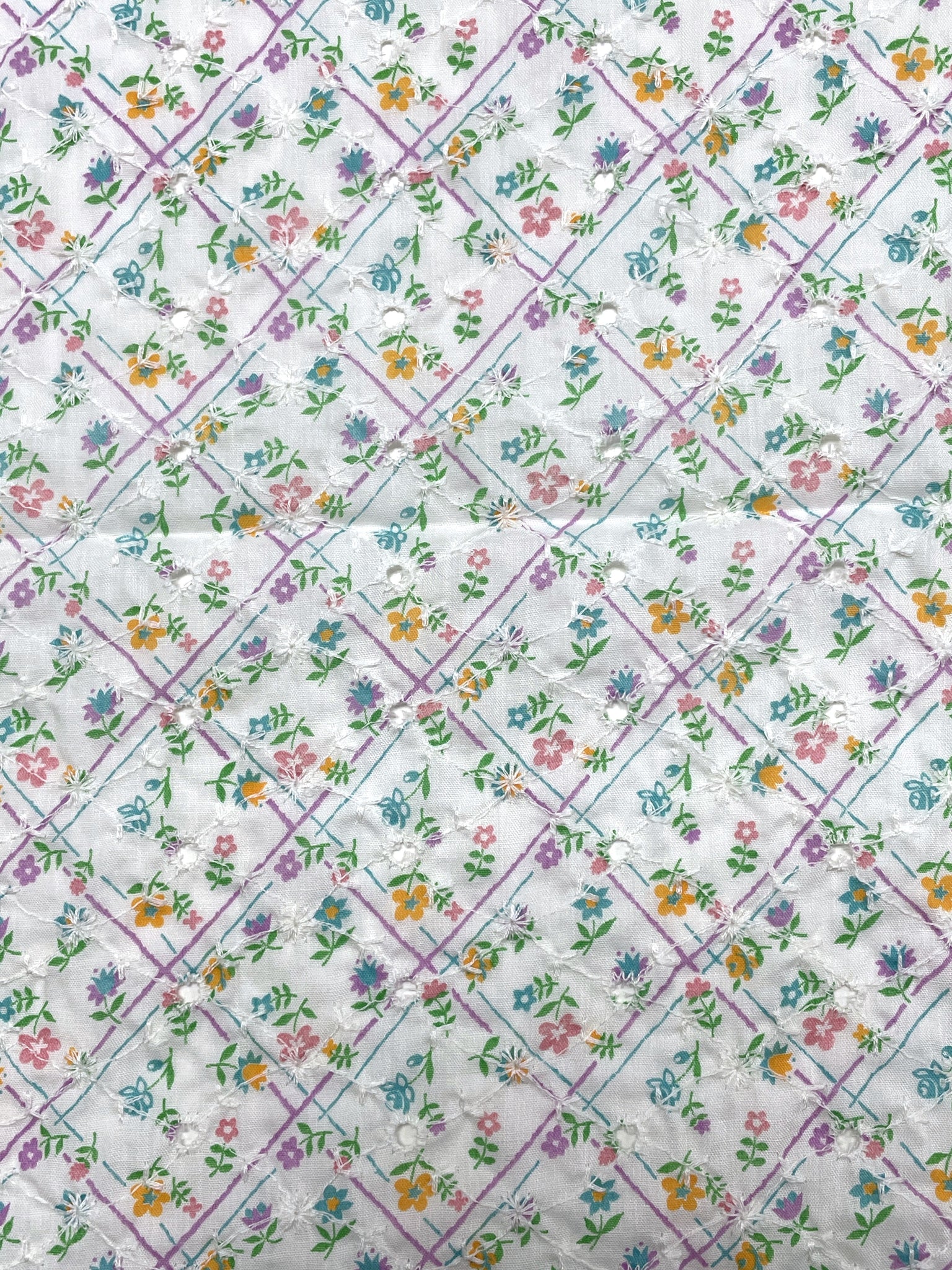 1 YD Poly/Cotton Eyelet Voile Vintage - White with White Embroidered and Printed with Multi Colored Flowers and Purple Lattice