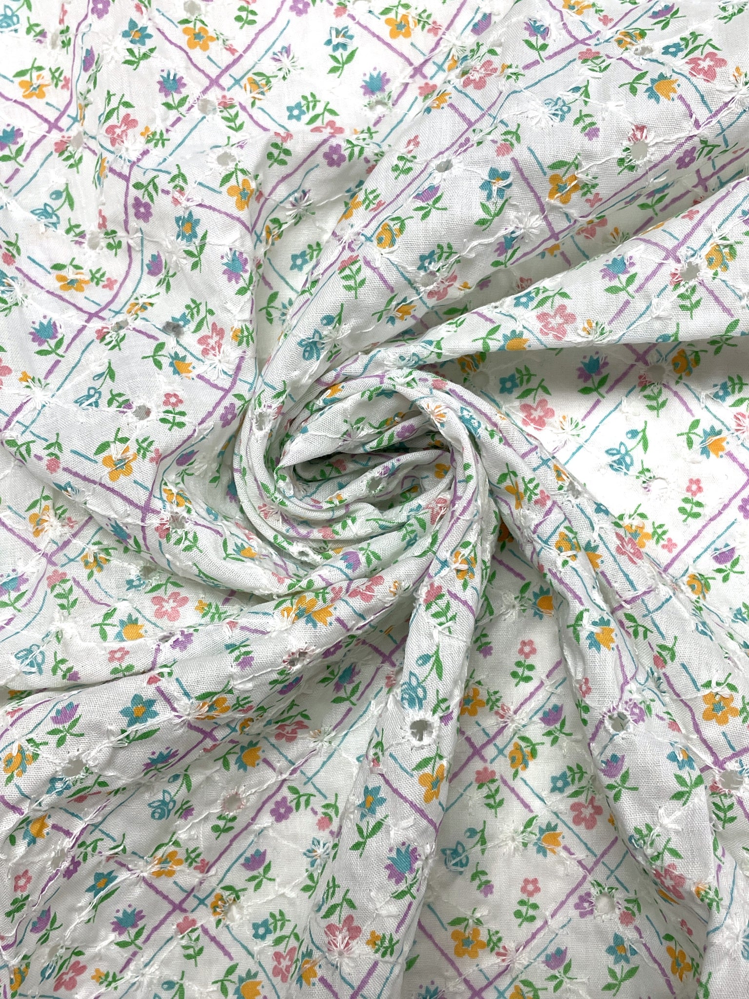 1 YD Poly/Cotton Eyelet Voile Vintage - White with White Embroidered and Printed with Multi Colored Flowers and Purple Lattice