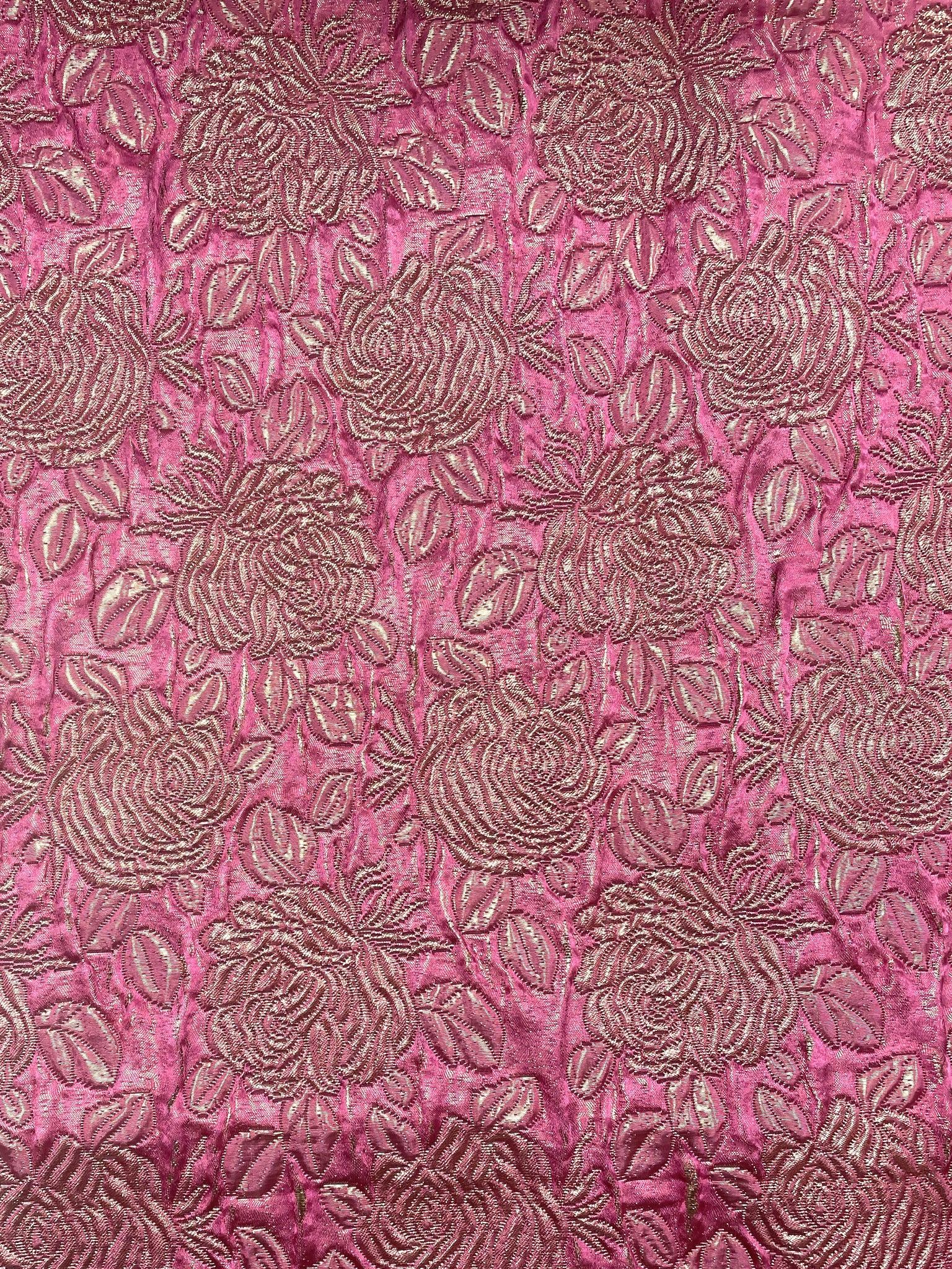 3 1/4 YD Silk Blend Floral Mattelasse Vintage - Hot Pink and Metallic Gold