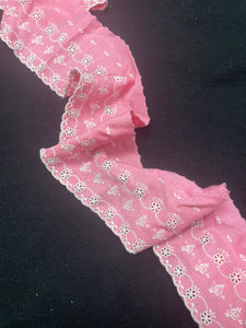 Cotton/Poly Embroidered Knit Trim Vintage - Barbie Pink with White