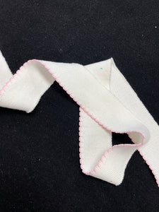 1 3/8 YD Cotton/Poly Rib Knit Trim Vintage - White with Pink Scallops