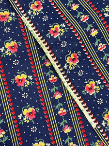 3 1/8 YD Quilting Cotton Vintage - Navy Blue with Stripes of Flowers and Hearts