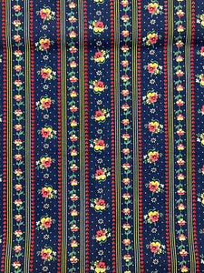 3 1/8 YD Quilting Cotton Vintage - Navy Blue with Stripes of Flowers and Hearts