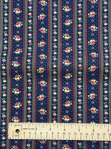 3 1/8 YD Quilting Cotton Vintage - Navy Blue with Stripes of Flowers and Hearts