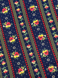 3 1/8 YD Quilting Cotton Vintage - Navy Blue with Stripes of Flowers and Hearts