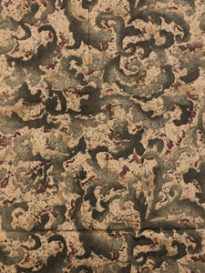 1 1/3 YD Cotton Twill Brushed - Tan with Green and Maroon Mottled Filigree