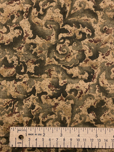 1 1/3 YD Cotton Twill Brushed - Tan with Green and Maroon Mottled Filigree