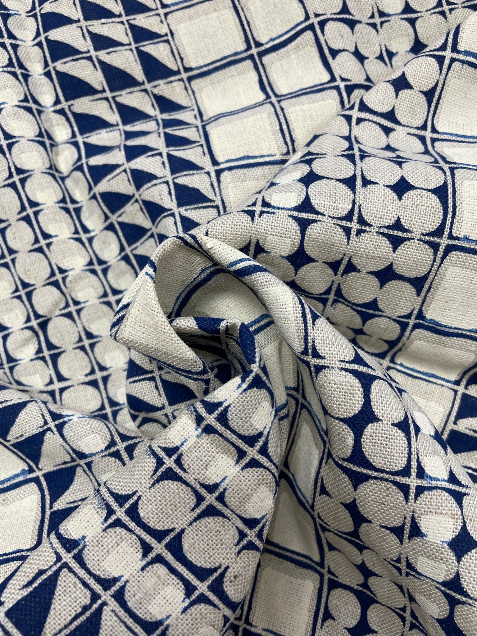 2 YD Polyester Blend Home Dec. - Natural Ecru Printed in Indigo Blue and White Geometric Shapes