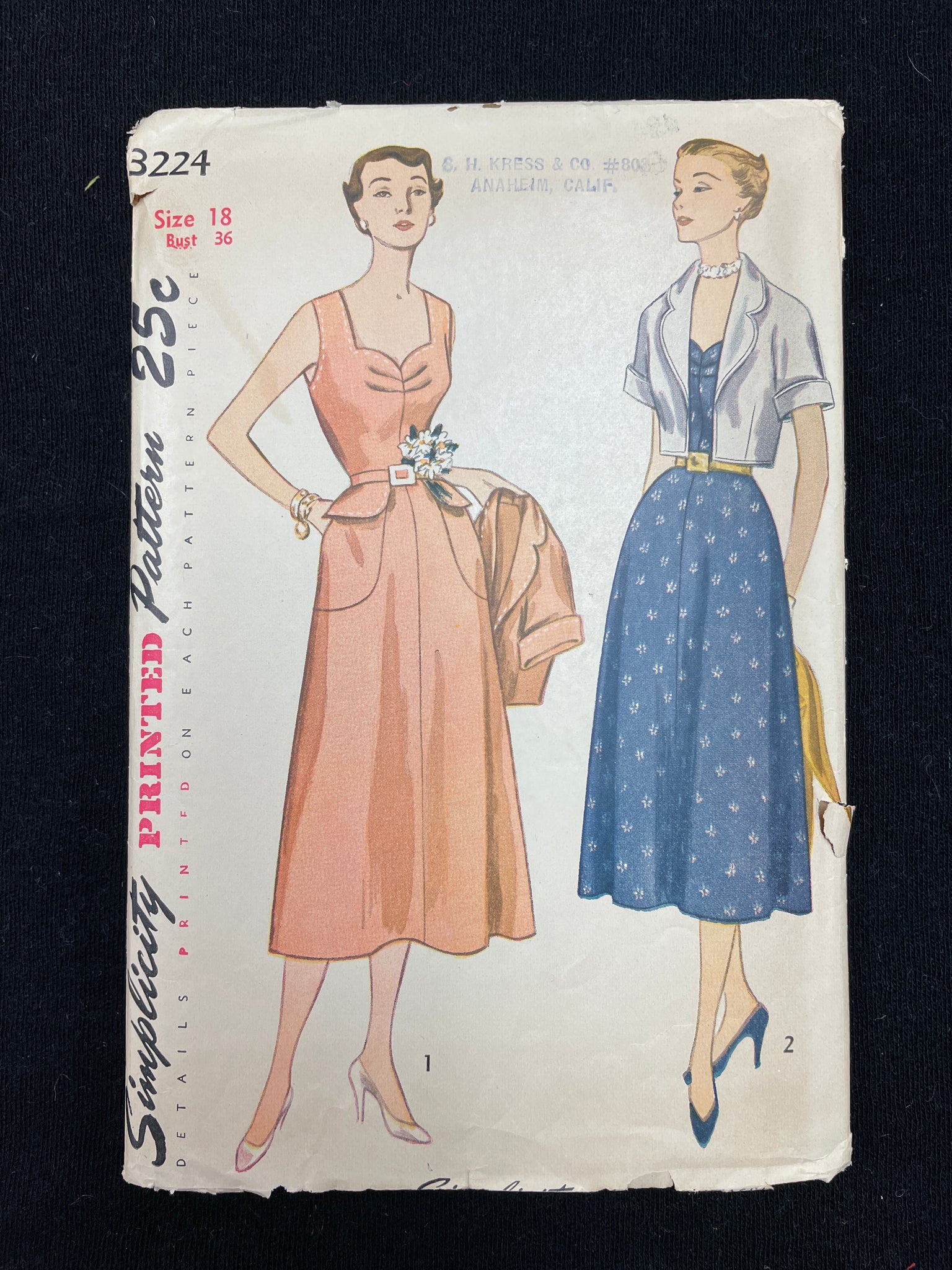 1950 Simplicity 3224 Sewing Pattern - Dress and Bolero Jacket