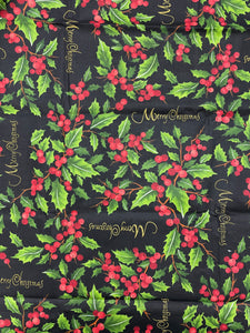 2 1/2 YD Quilting Cotton WIDE - Merry Christmas and Holly on Black Background