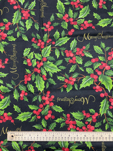 2 1/2 YD Quilting Cotton WIDE - Merry Christmas and Holly on Black Background