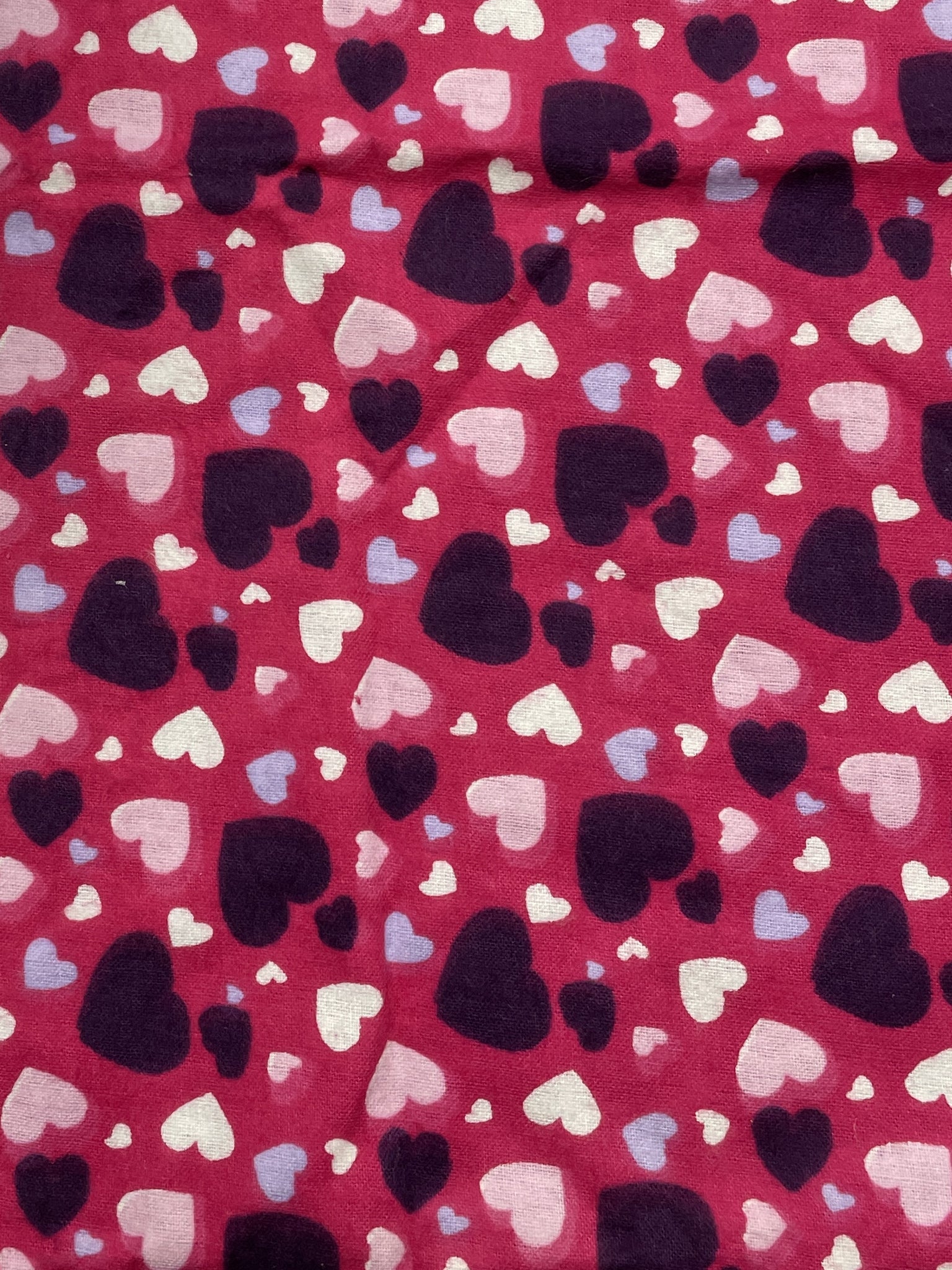 1 YD Cotton Flannel - Hot Pink with Dark Purple, Pink, Periwinkle and White Hearts