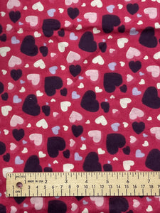 1 YD Cotton Flannel - Hot Pink with Dark Purple, Pink, Periwinkle and White Hearts