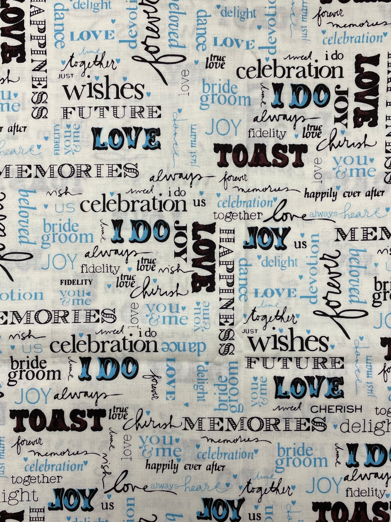 1 2/3 YD Quilting Cotton - Off White with Wedding Themed Words in Black and Blue