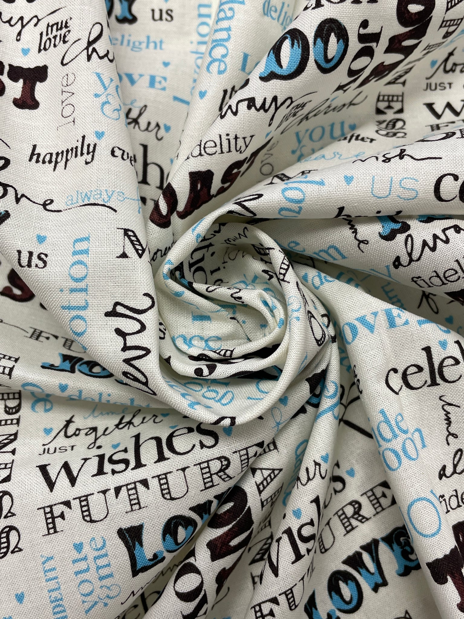 1 2/3 YD Quilting Cotton - Off White with Wedding Themed Words in Black and Blue