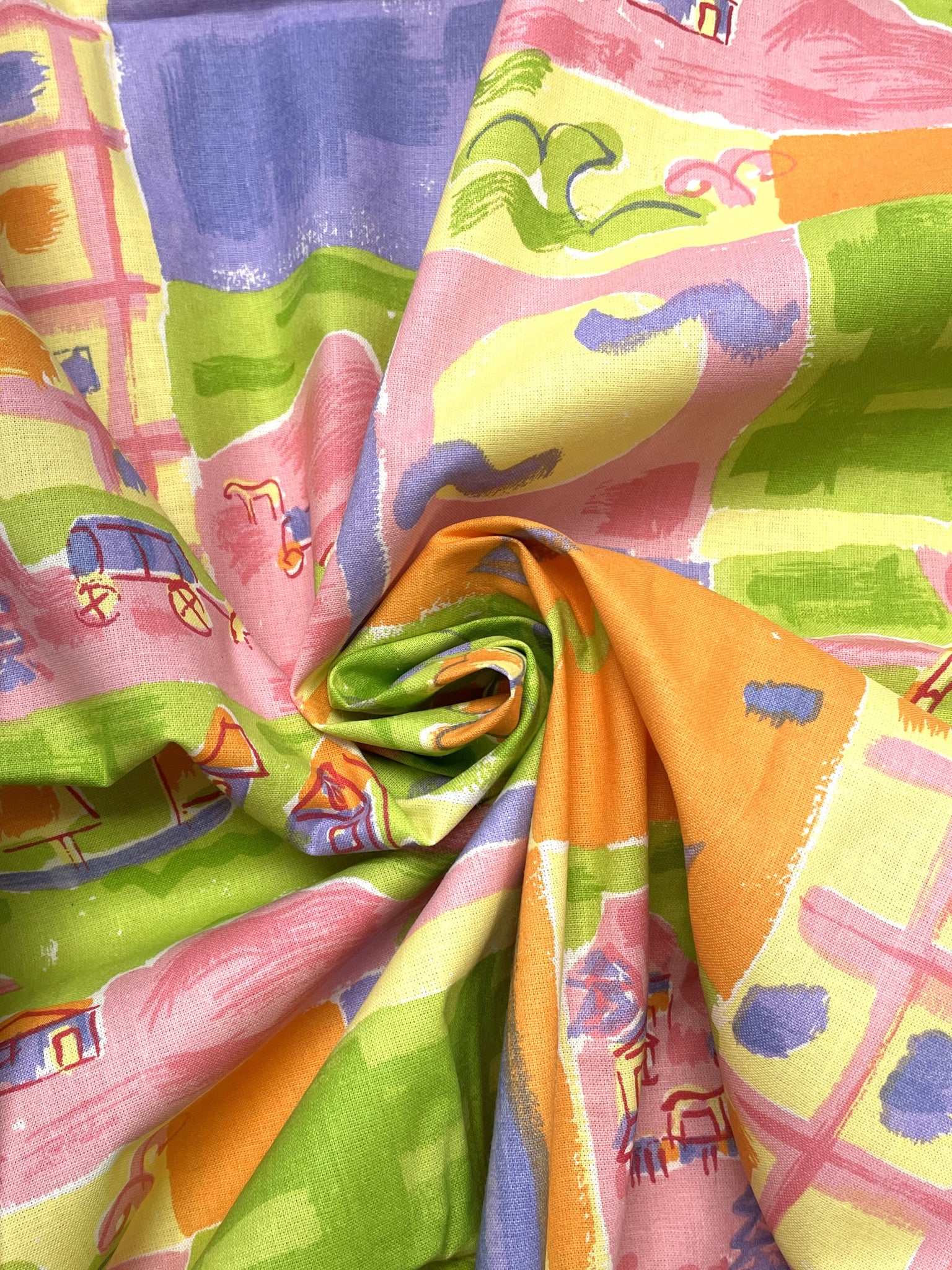 2 YD Cotton Vintage - Bright Green Pink, Yellow, Purple and Orange Countryside