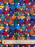 1 YD Quilting Cotton - Brightly Clothed Kids on Navy Blue Background