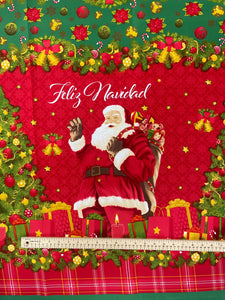 4 3/8 YD Polyester with 2 Borders - Red with Santa and "Feliz Navidad"