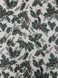 1 YD Poly/Cotton Tapestry - White Background with Holly Leaves and Berries