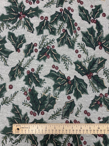 1 YD Poly/Cotton Tapestry - White Background with Holly Leaves and Berries