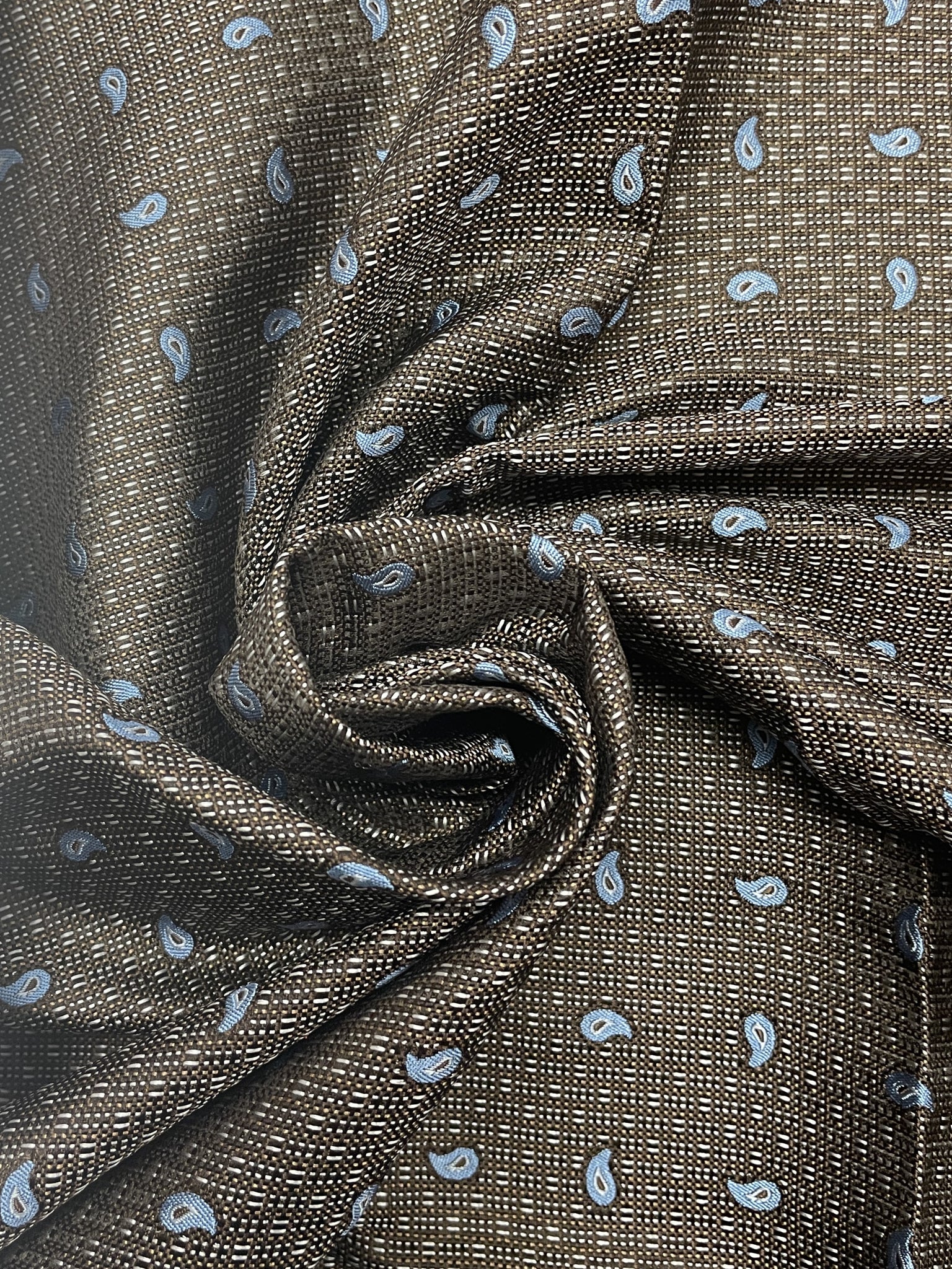 3 YD Silk - Brown, Black and Light Gray Plaid with Blue Paisley