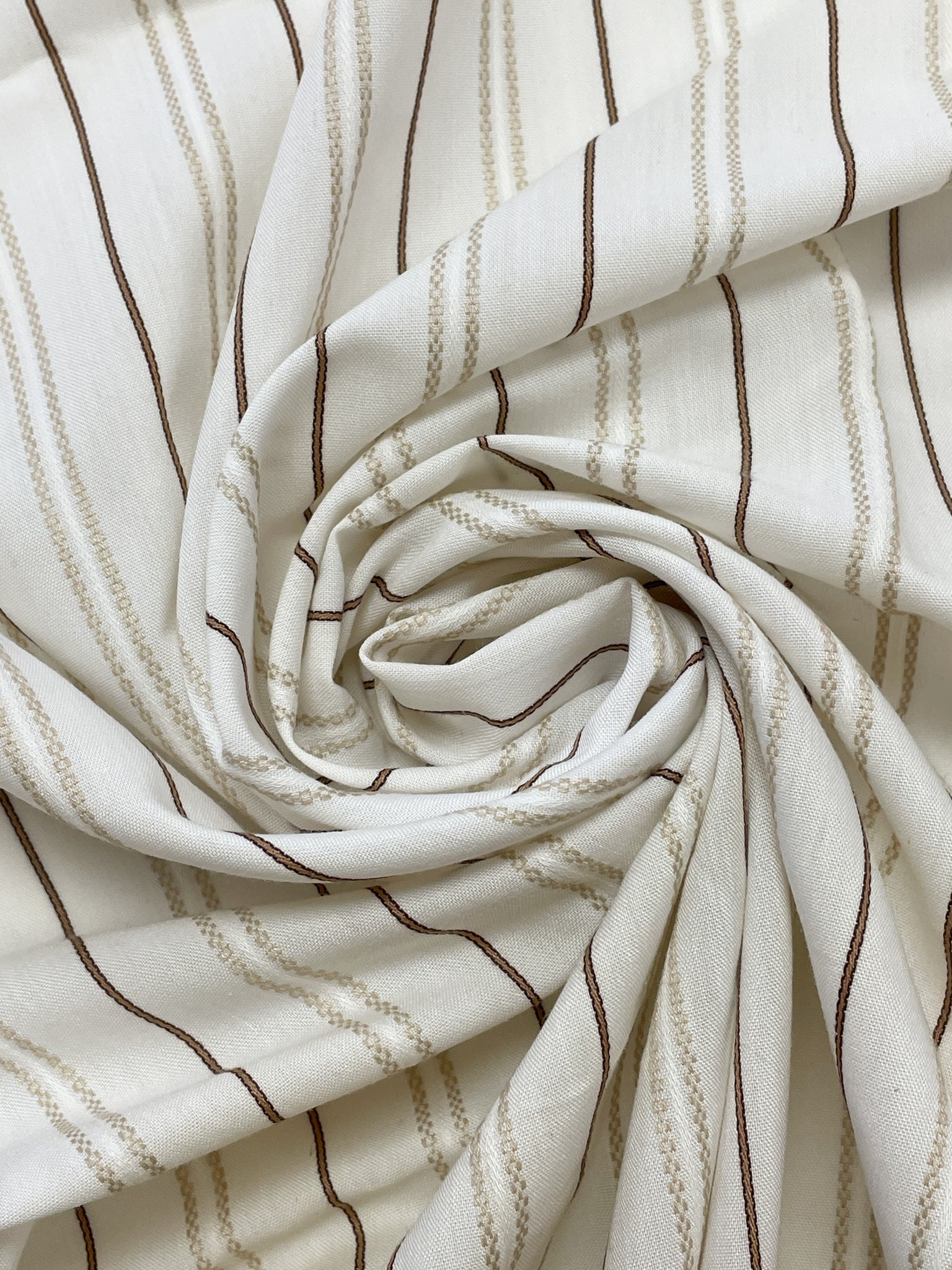 2 7/8 YD Polyester Shirting Vintage - Off White with Brown and Beige Yarn-Dyed Stripes