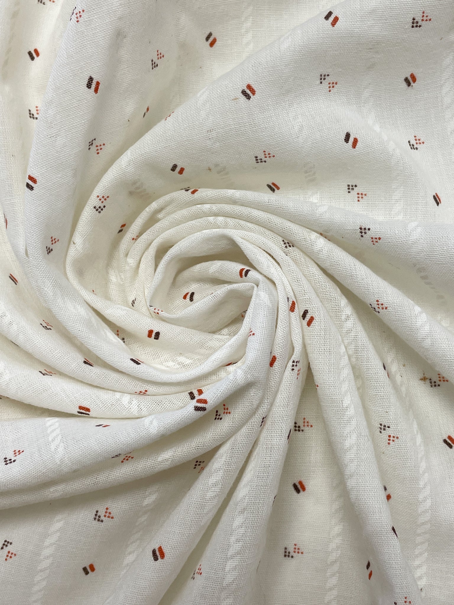 1+ YD Poly/Cotton Shirting Vintage - Off White with White Stripes and Brown and Orange Print